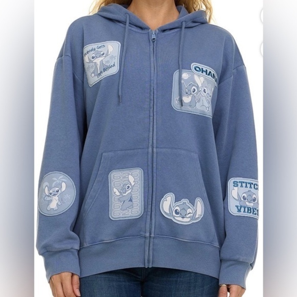 Disney Stitch Women’s Light Blue Full Zip Patch Sweatshirt Hoodie Jacket - Large